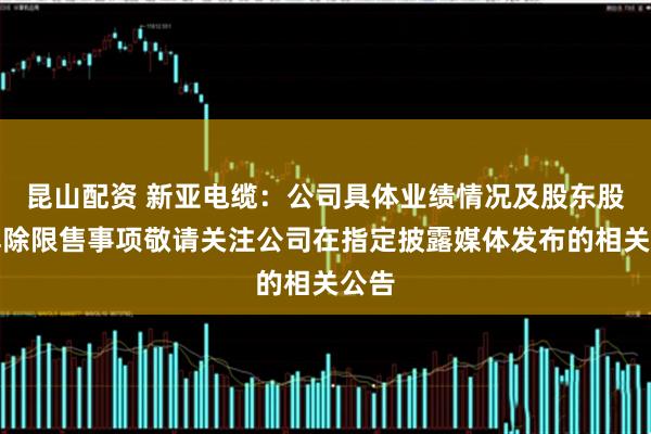 昆山配资 新亚电缆：公司具体业绩情况及股东股份解除限售事项敬请关注公司在指定披露媒体发布的相关公告
